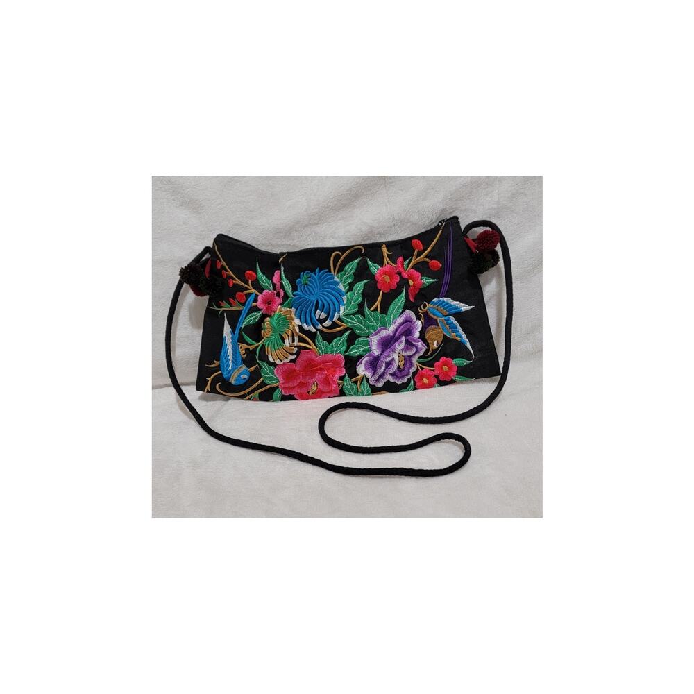 Handcrafted Hmong-style Embroidered Crossbody Bag Floral Birds Festival Boho
